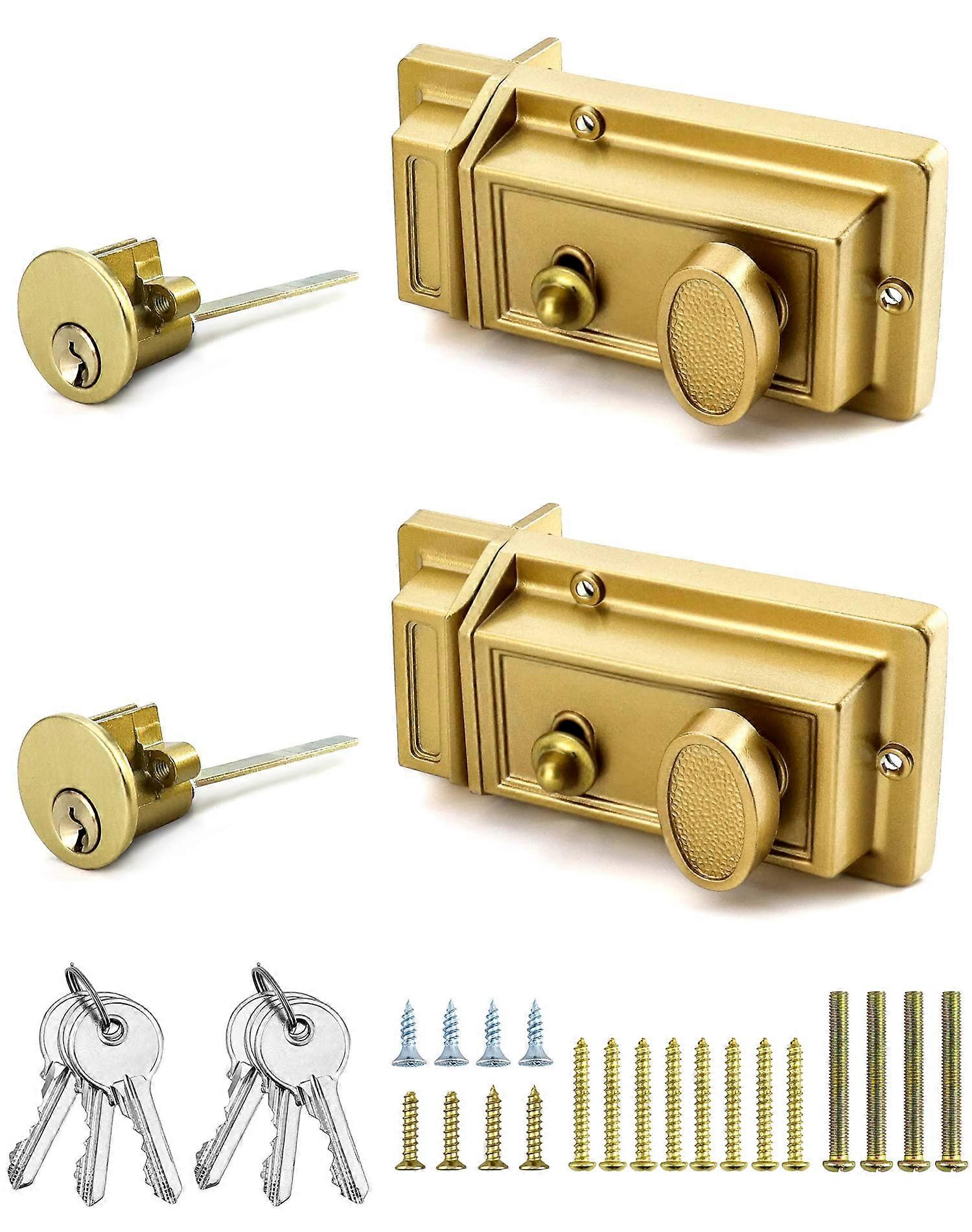 Night Latch Rim Deadbolt Lock 2 Pack Antique Brass with Keys for Enhanced Front Door Security