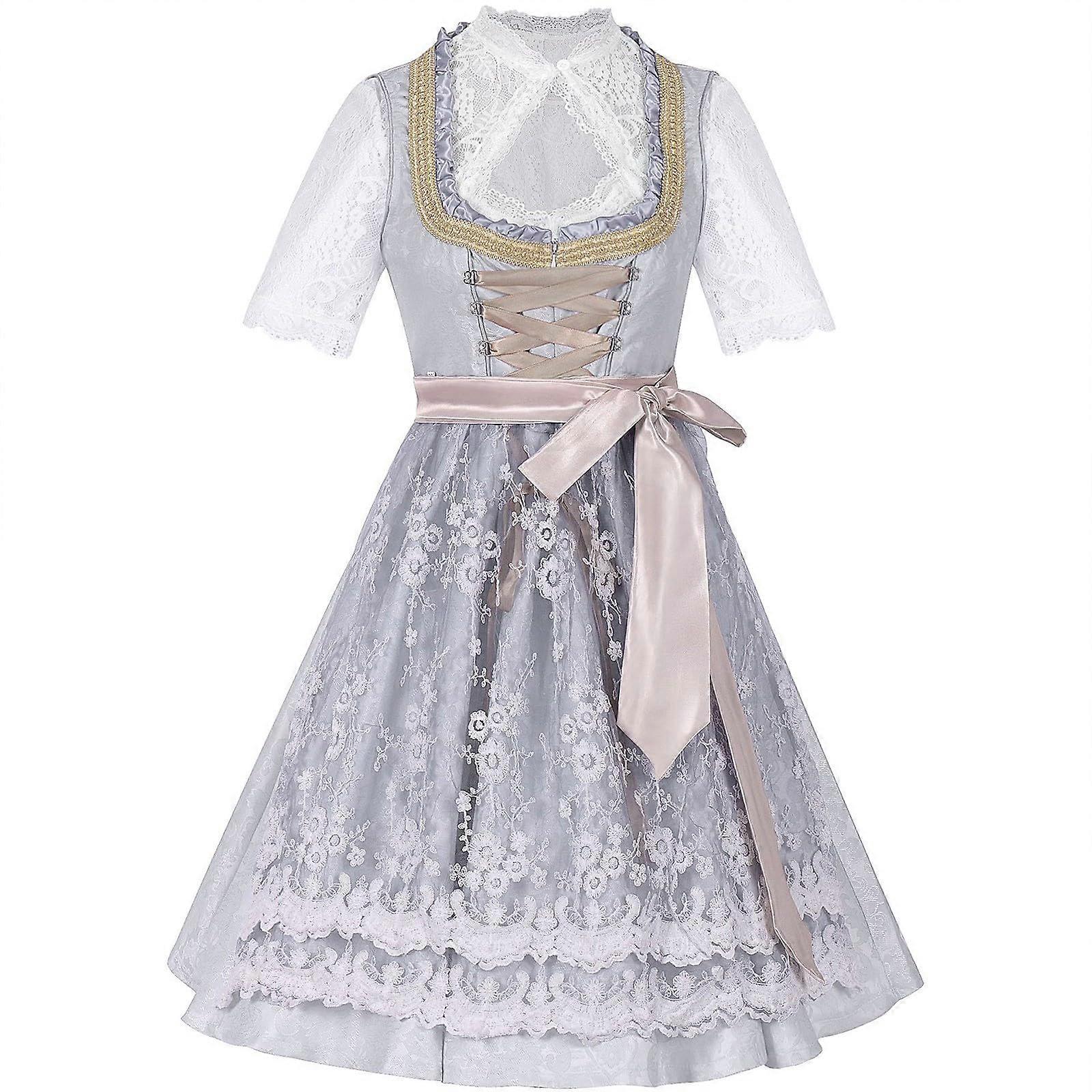 Oktoberfest Dirndl Dress for Women 3 Piece Set with Blouse and Apron, Bavarian Style Gray XL
