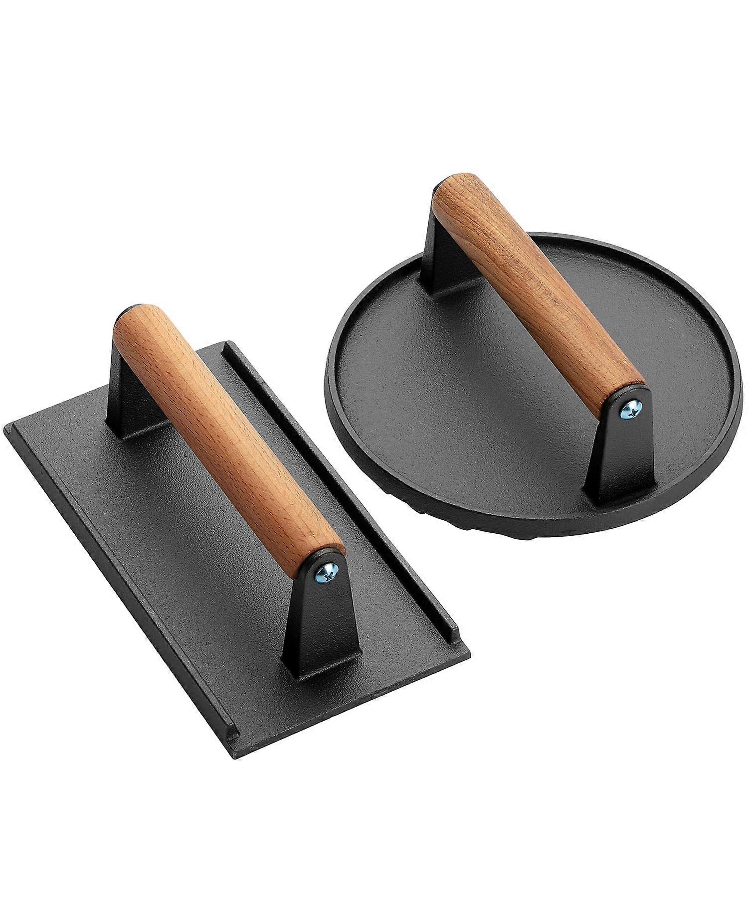 Cast Iron Grill Press Set Round and Rectangular Burger Meat Press for Griddle Uniform Cooking