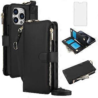 Wallet Case with Zipper Pocket RFID Blocking Leather Cover Crossbody Strap and Screen Protector Black for iPhone 12 Pro Max