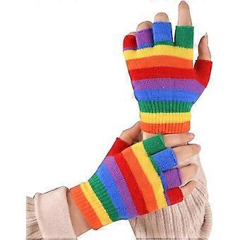 Unisex Rainbow Stretchy Fingerless Knit Hand Warmer Gloves