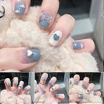 24pcs Tryk på negle søde skyer &Gradient Blue Design Fake Nails Fuld dækning