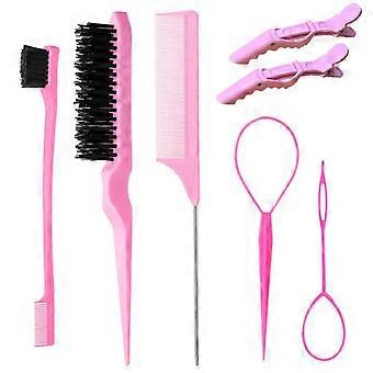 7-Piece Pink Hair Styling Comb Set, Dyeing & Highlighting Tail Comb Kit Salon Pro