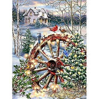 Country Christmas Jigsaw Puzzle for Adults and Kids Featuring Cabin and Birds in Winter Scene SQZ1368