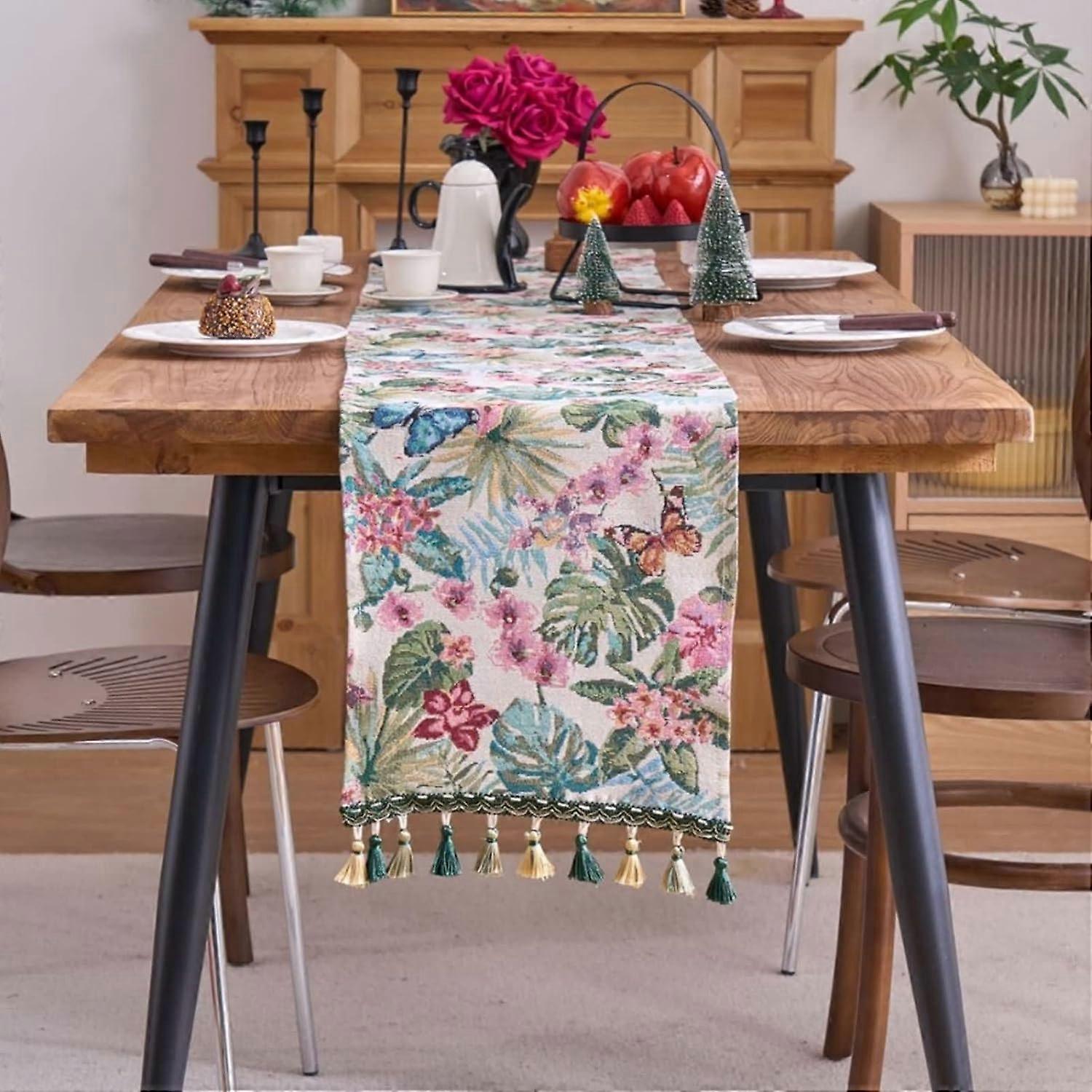 Floral Green Table Runner, Polyester Cotton, 33x160cm