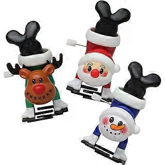 3 stycken julleksaker som drivs med vev: en tomte, en ren och en snögubbe. Perfekt som små presenter, dekorationer eller leksaker för julstämning. Passar bra i julklappspåsar och för att skapa festlig stämning.