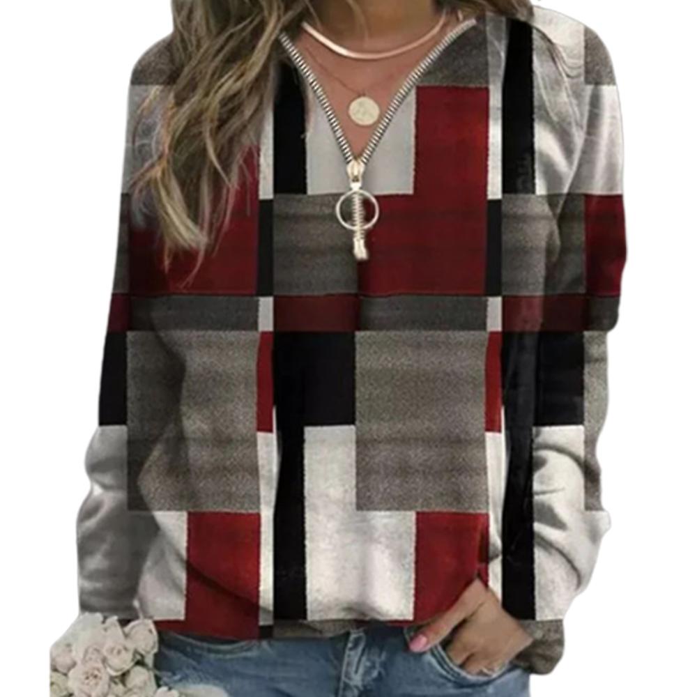 Women's Top Plaid Sweatshirt Thickened V-neck Half Zip Pullover Jacket Outerwear