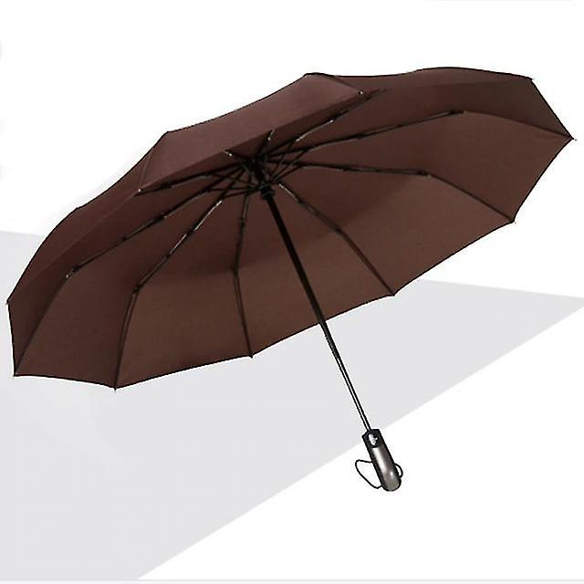 Brown Wind Resistant Three Folding Automatic Umbrella