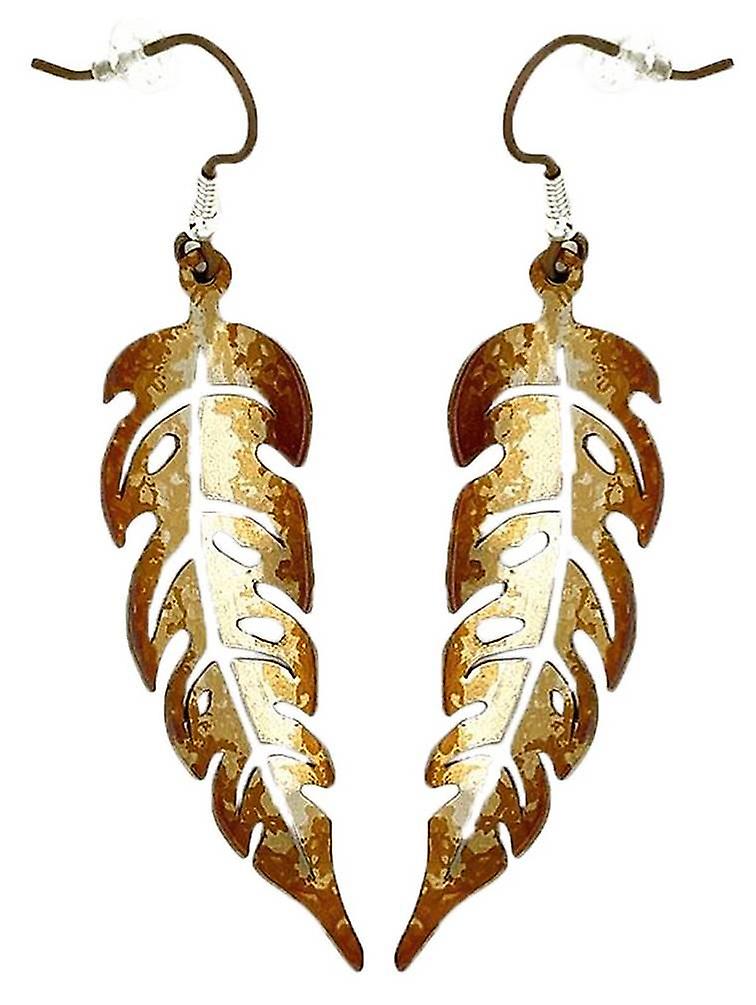 Ti2 Titanium Long Leaf Drop Earrings - Brown
