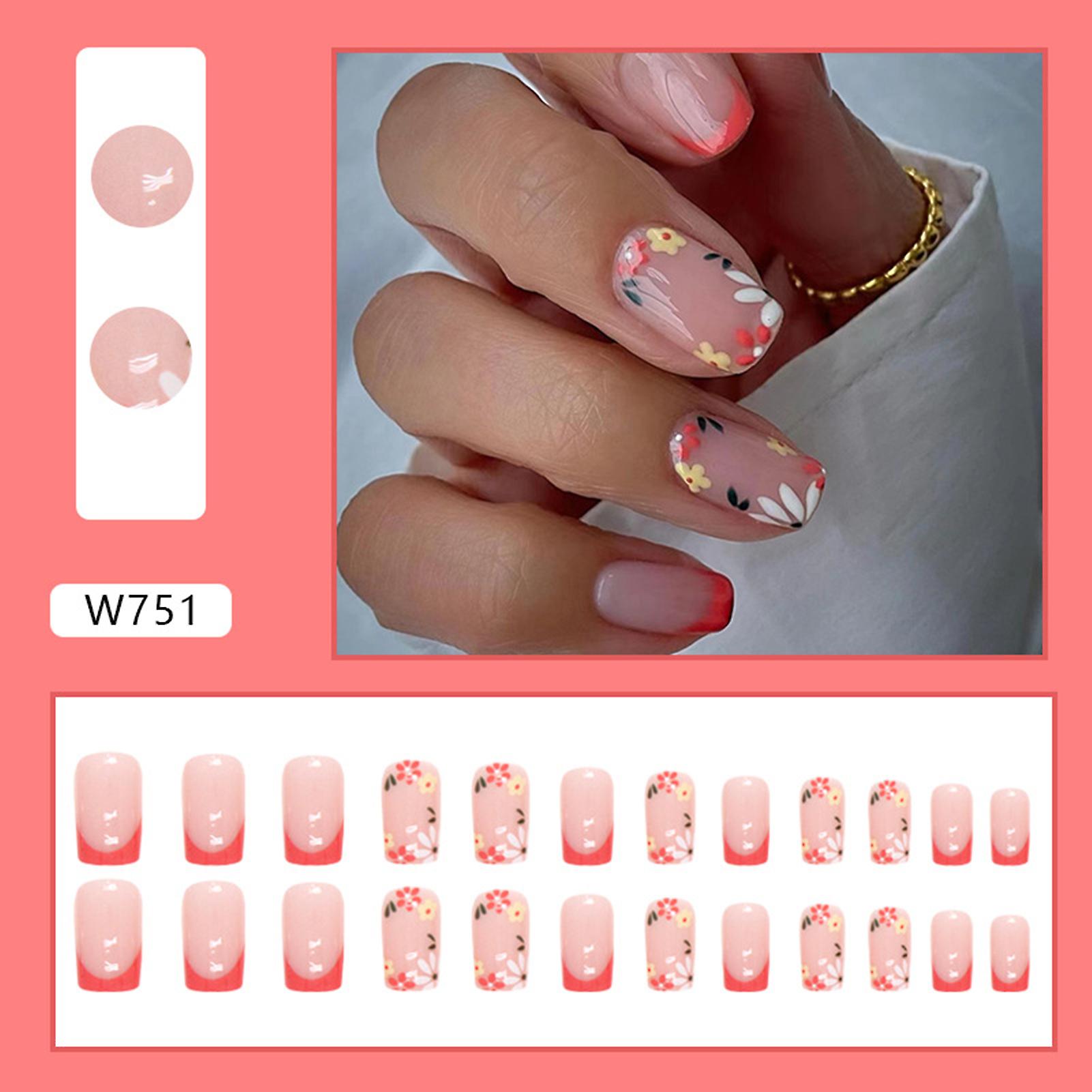 Flower Printed Glossy Pink False Nails Durable & Never Splitting Com