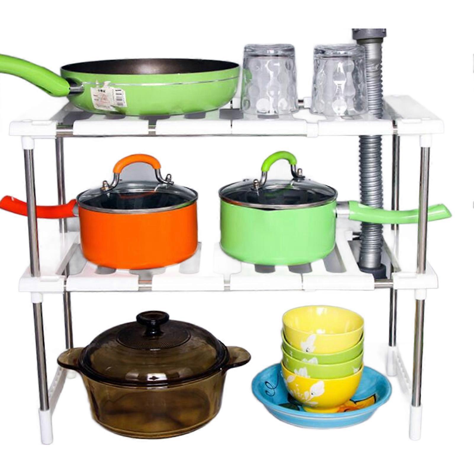 Multi‑Functional 2‑Layer Commodity Shelf Retractable Adjustable Storage Rack Kitchen Tools White