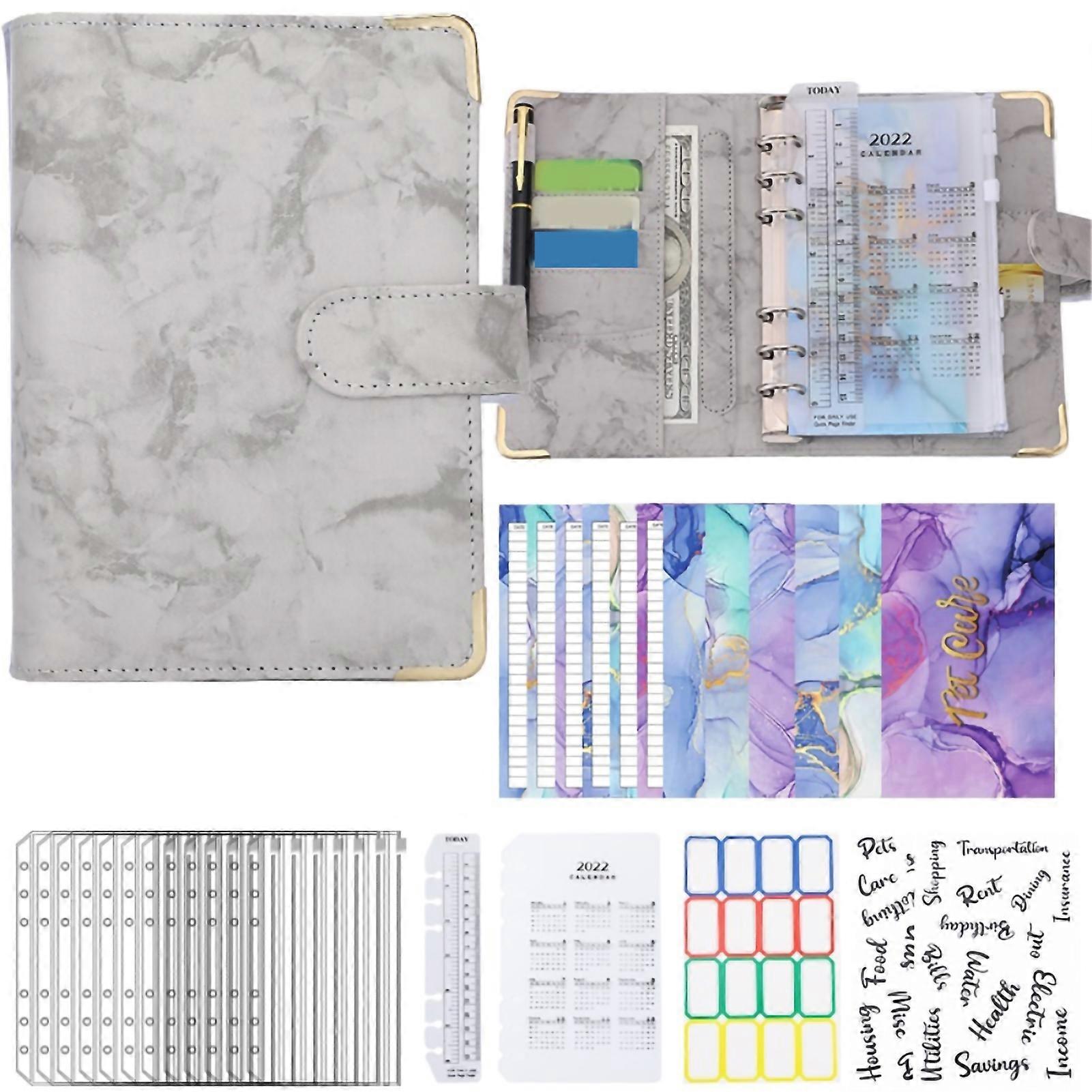 A6 PU Leather Budget Binder A6 Notebook Binder for Budgeting Money Saving Folder Marble Pattern Corner Protector Gray