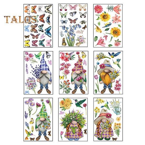 9Pcs Window Sticker Spring Gnome Flower Pattern Window Clings Durable Reusable Static Decals for Home