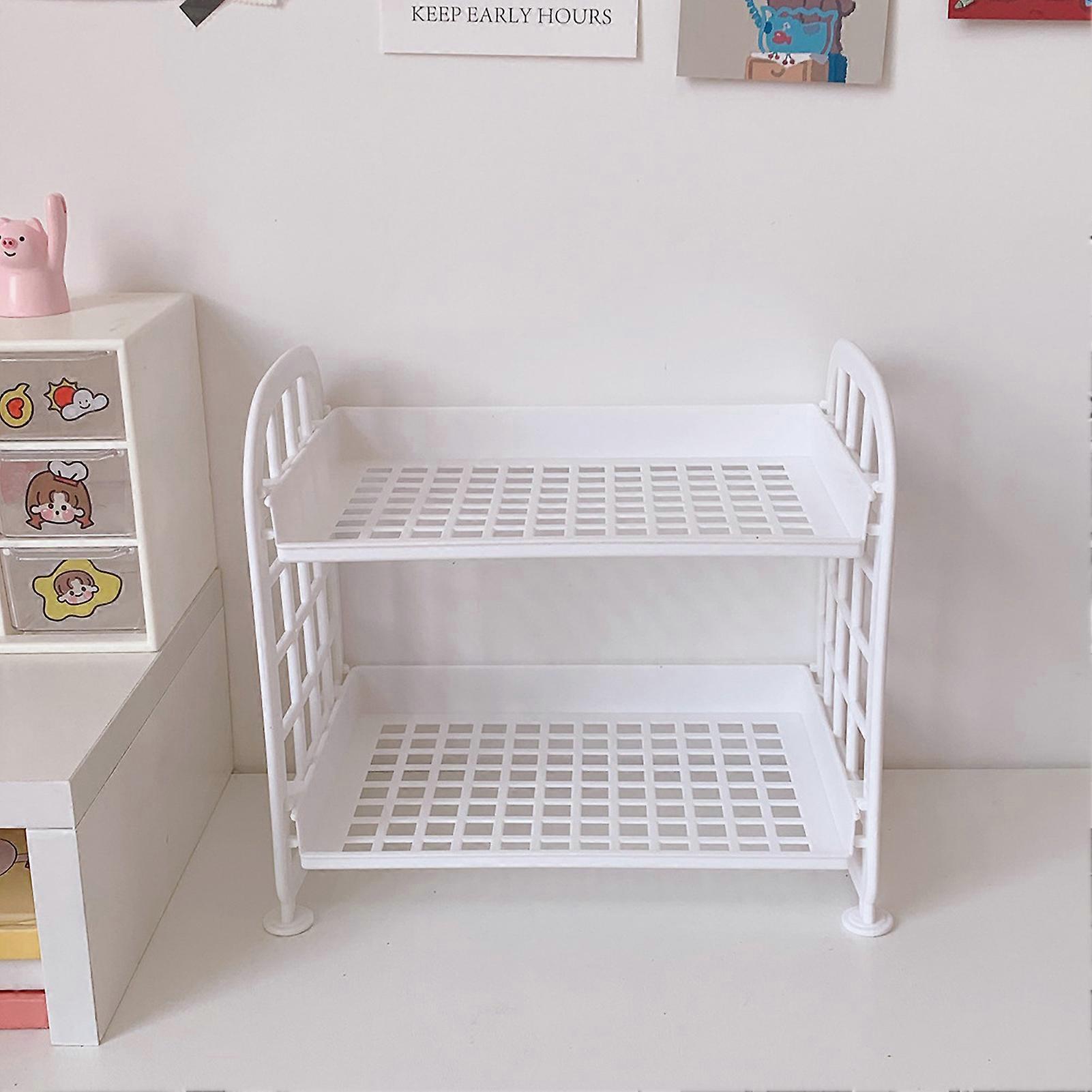 2 Layer Desktop Shelf Side Guardrail Design Foldable Double Layer Stacking Cosmetic Stationery Storage Holderwhite