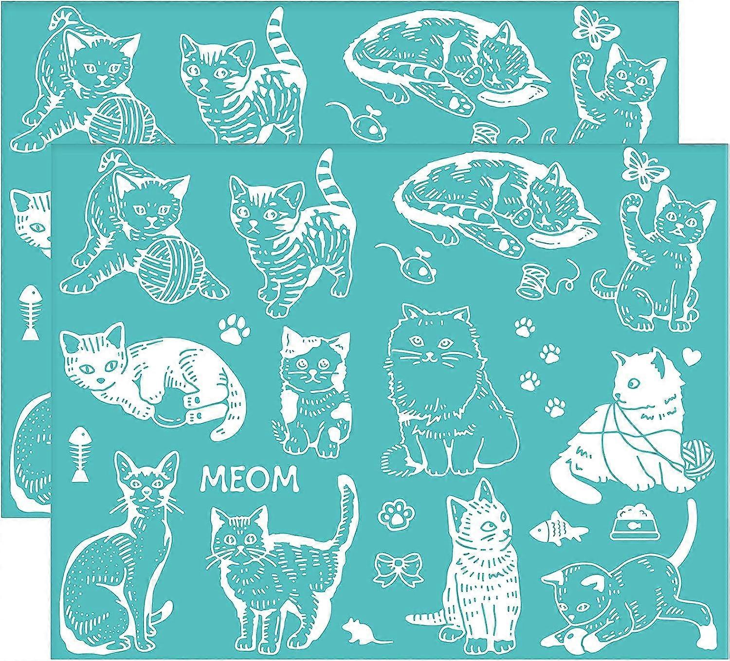 2 Pcs Cat Pattern Self-Adhesive Silk Screen Printing Stencil Vintage Mouse Butterfly Mesh Transfer Stencil