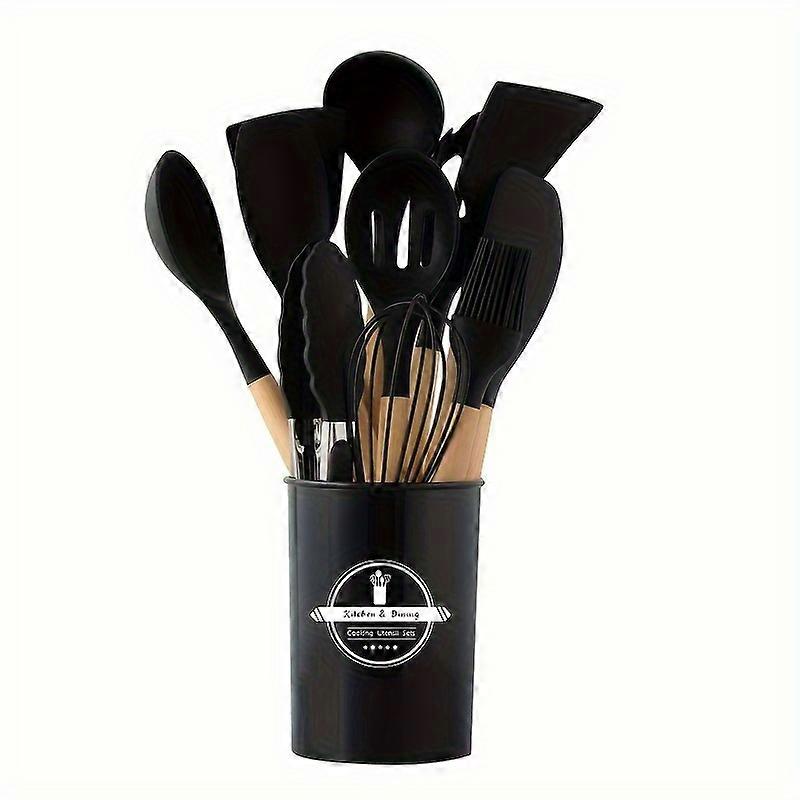 12-Piece Silicone Kitchen Utensil Set with Wooden Handles - Heat Resistant Cooking Tools and Gadgets, Includes Spoon, Spatula, Ladle, Whisk, and more