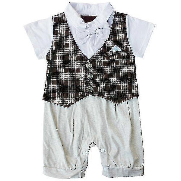 spädbarn pojke bowknot gentleman romper rutig outfit 12m