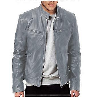 Grey Men's Vintage Cafe Racer Artificial Leather Casual Slim Fit Jacket Coat