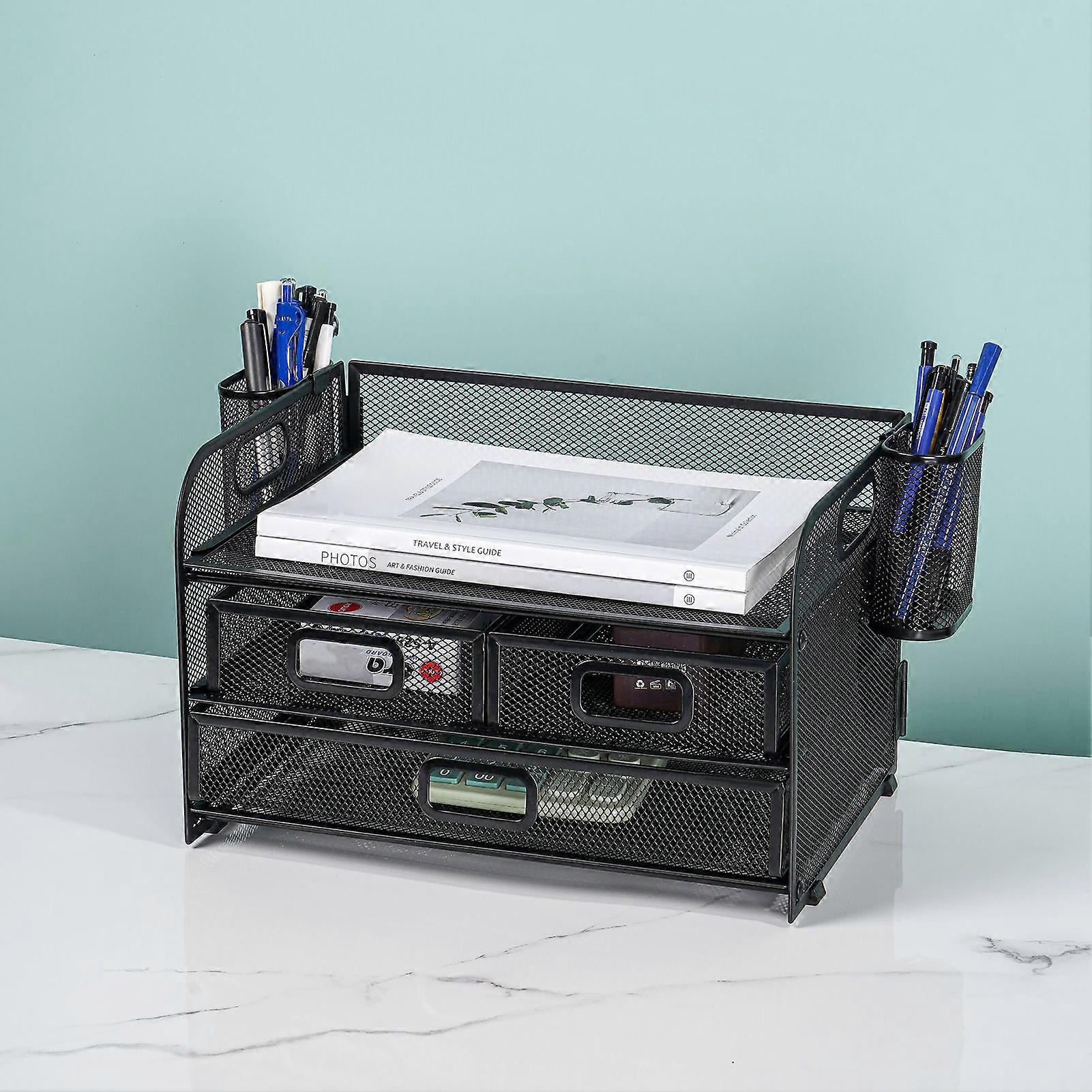 File Folder Rack Mesh Desk Organizer with Drawers Pen Holders