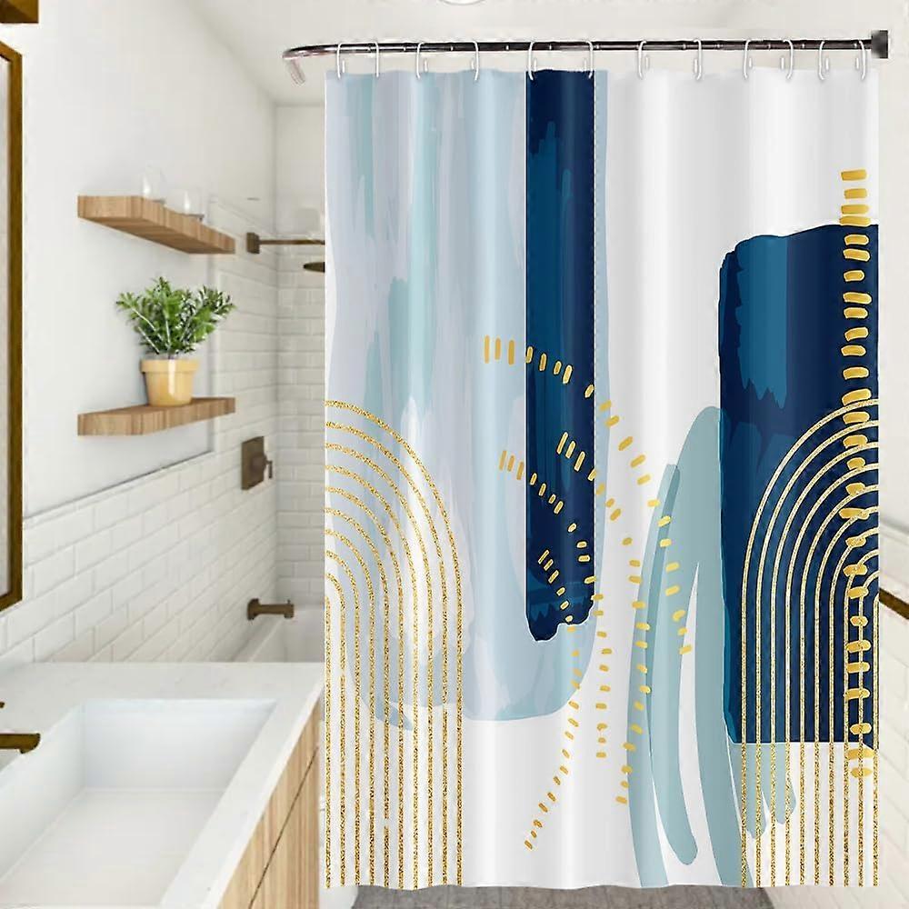 Boho Style Shower Curtain Watercolor Darkblue and Yellow Geometric Pattern Shower Curtains for Modern Abstract Bathroom Waterproof Fabric Decor Set wi
