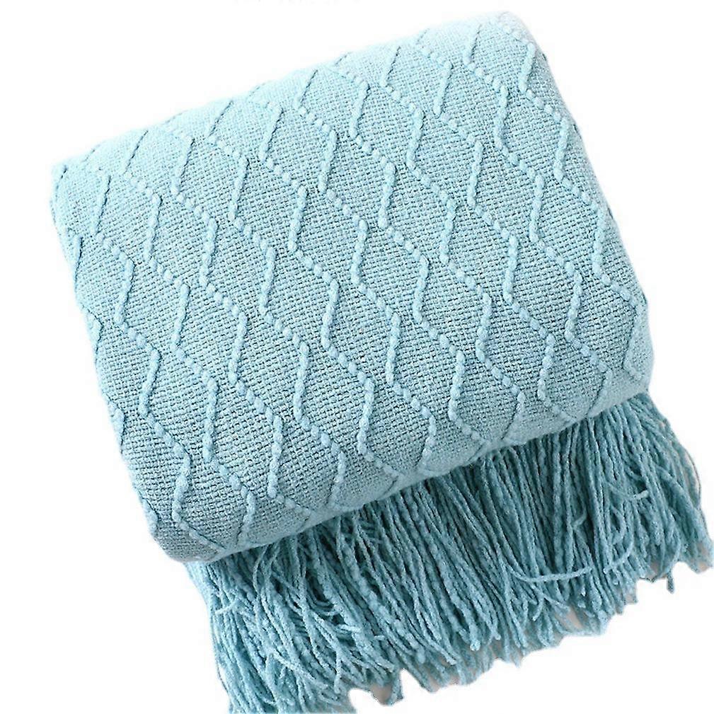 Fringed Sofa Blanket Solid Blue Warm Nap Cover up Knitting Wraps
