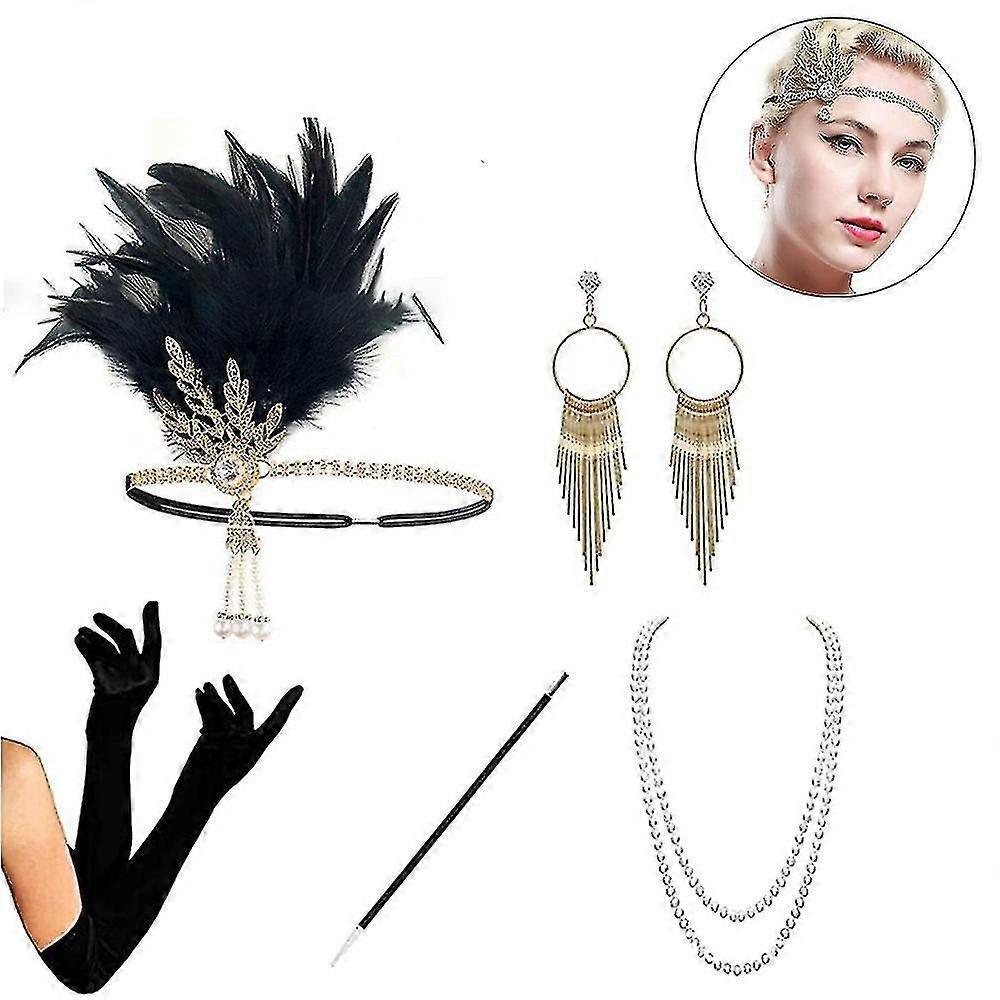 1920s Accesorios Set Flapper Diadema, pendientes, collar de perlas, guantes