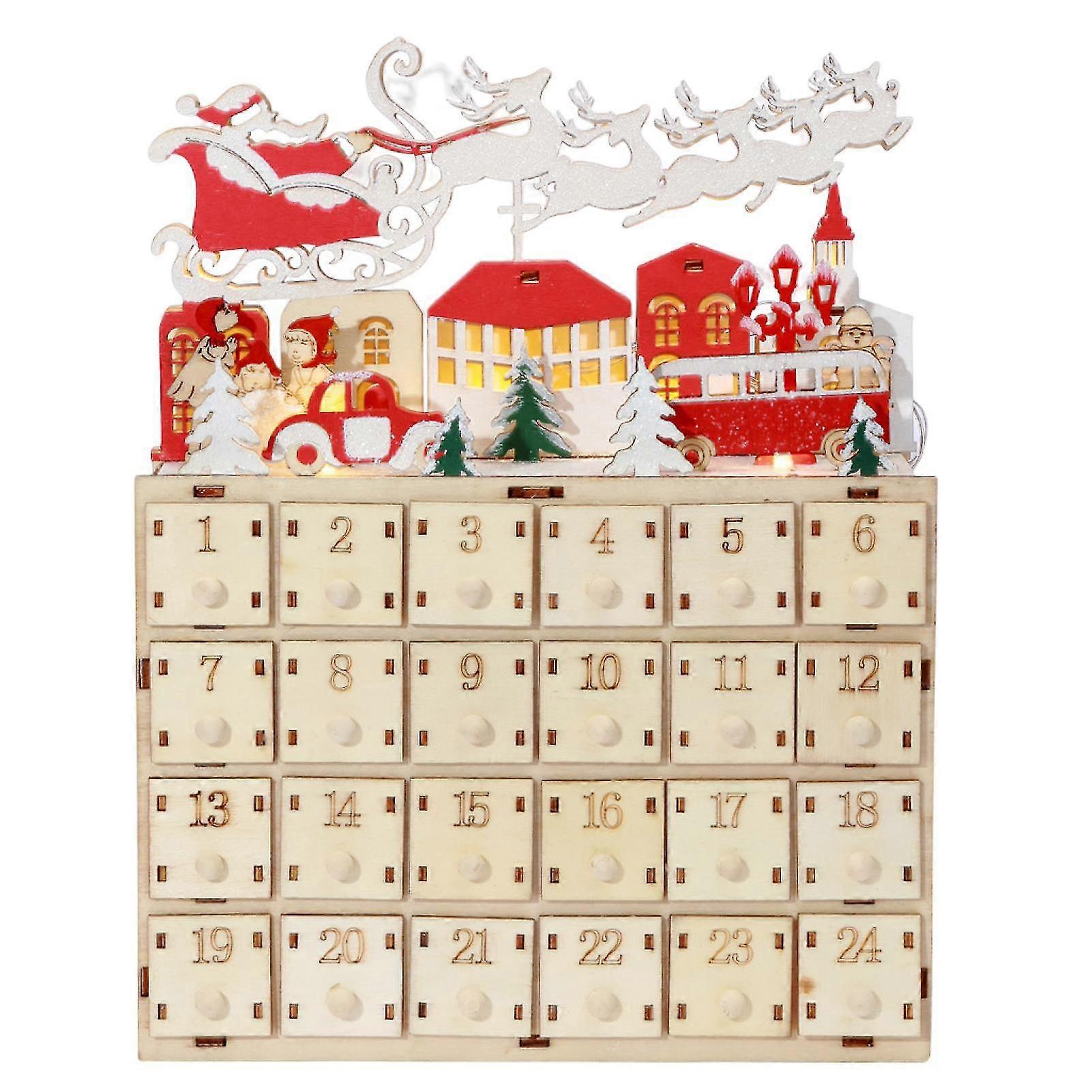 Farfi Χριστούγεννα Advent Ημερολόγιο Ενσωματωμένο led φως δώρα μπαταρία τροφοδοτείται 24 ημέρα αντίστροφη μέτρηση Συρτάρι Σκηνή Διάταξη Χριστούγεννα έλκηθρο Santa Elk Σπίτι Διακόσμηση Ξύλο D