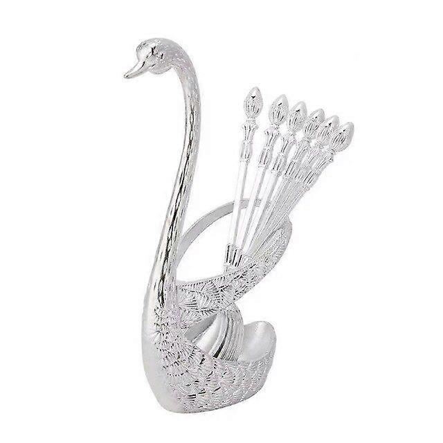 6pcs Coffee Dessert Spoon Set with Swan Spoons Holder for Dinner Table Party Buffet Bar Decoration Sliver