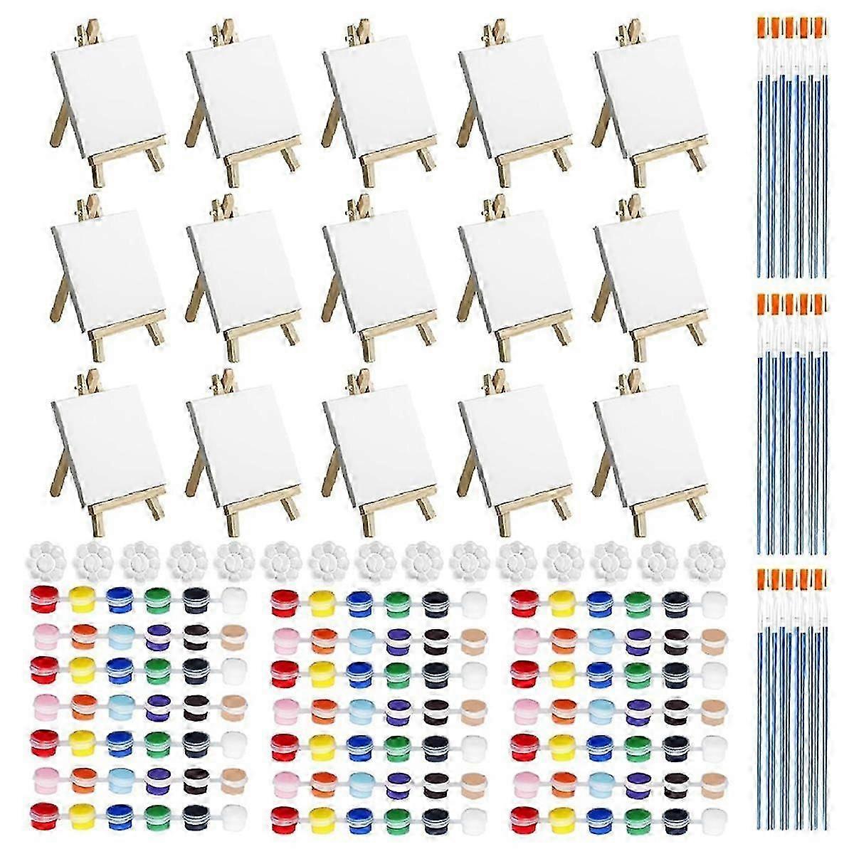 15 Set Mini Canvas And Easel Set, 4 X 4 Inch Mini Canvas And Stretched Easel + Acrylic Paints + Brushes + Palettes