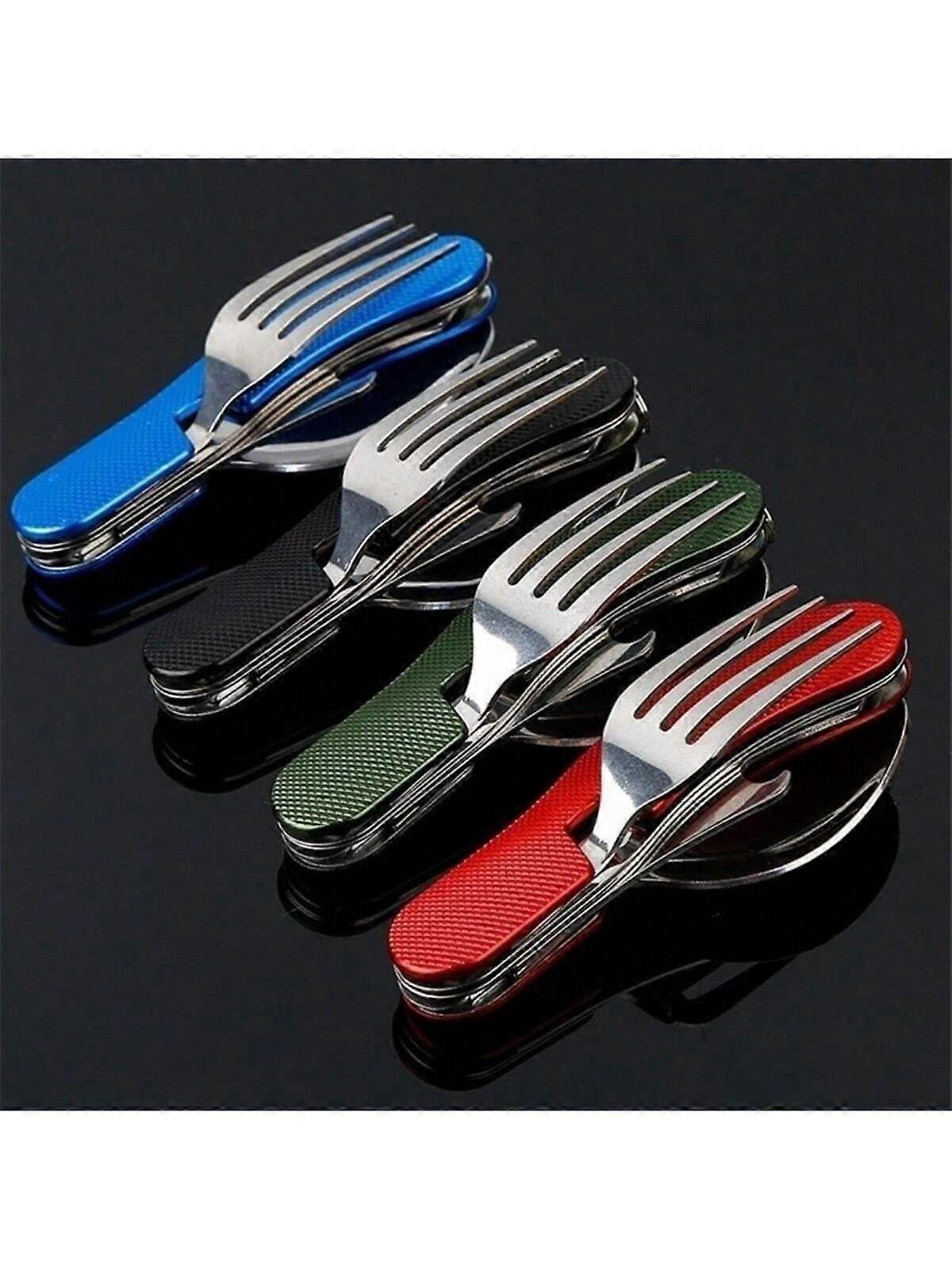 Multifunction 4-In-1 Outdoor Tableware (Fork/Spoon/Knife/Bottle Opener) Camping Stainless Steel Folding Pocket Kits For Hiking Survival Travel