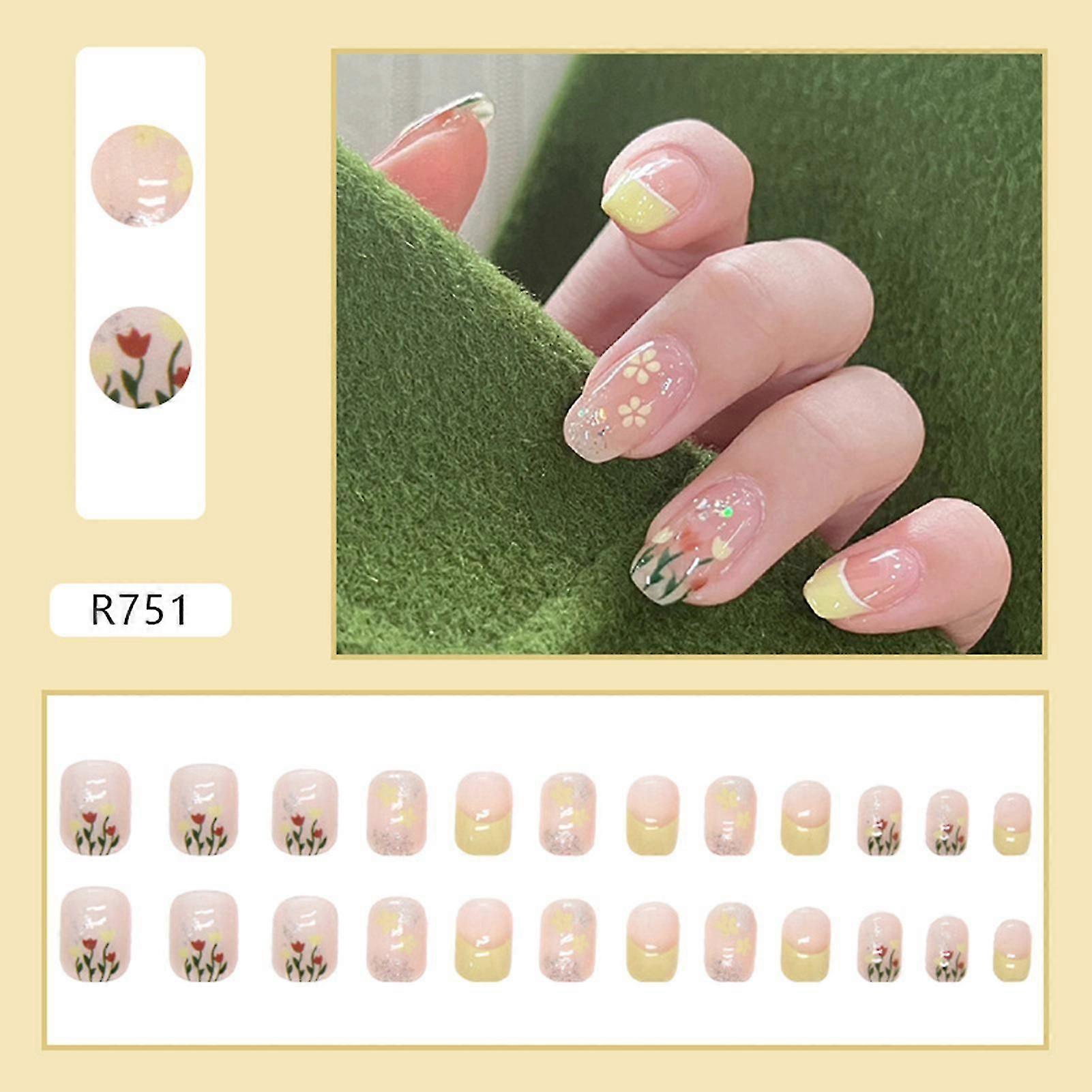 Français Jaune Vif Pointes Faux Ongles Motif Tulipe Translucide Faux Colle à Ongles Modèles