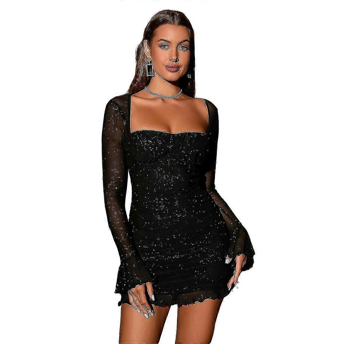 Sequin Backless Ruffled Sleeves Underwire Mesh Bodycon Mini Dress