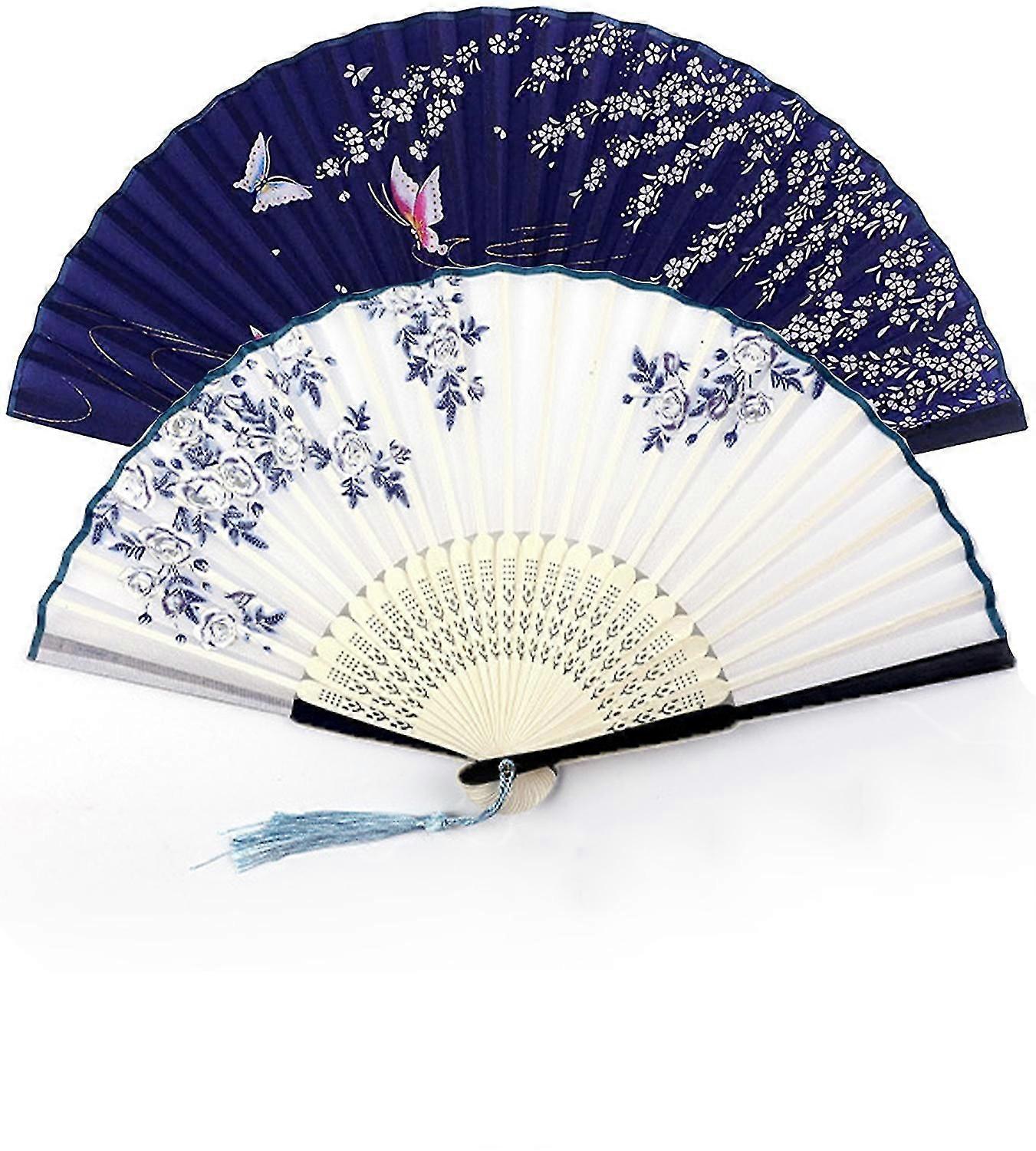 2 Pieces Handheld Fans, Silk Folding Fans With Bamboo Frames For Dancing Cosplay Wedding Party Props Decoration,7029
