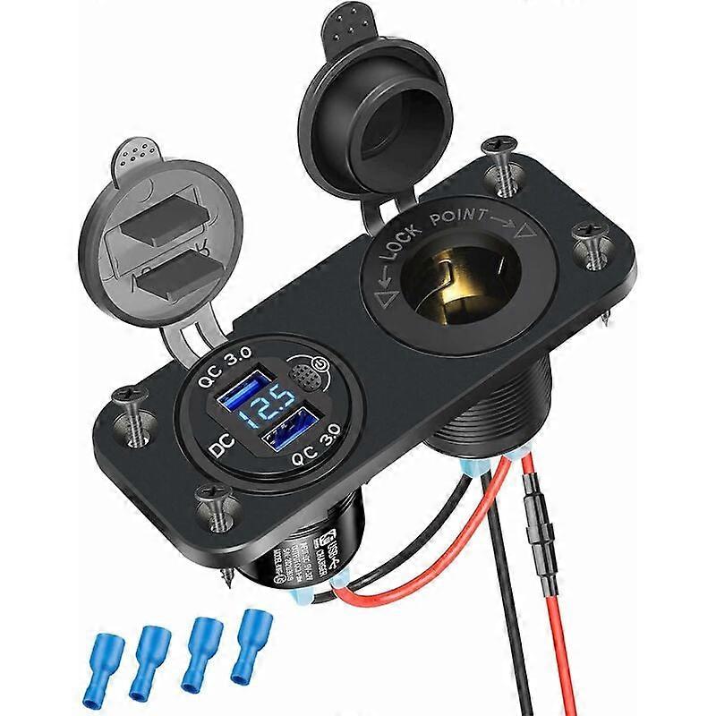 12V/24V USB Outlet with LED Voltmeter and Waterproof Dual USB Power Socket for Car  Boat Cigarette Lighter Socket with Quick Charge 3.0  Marine  RV