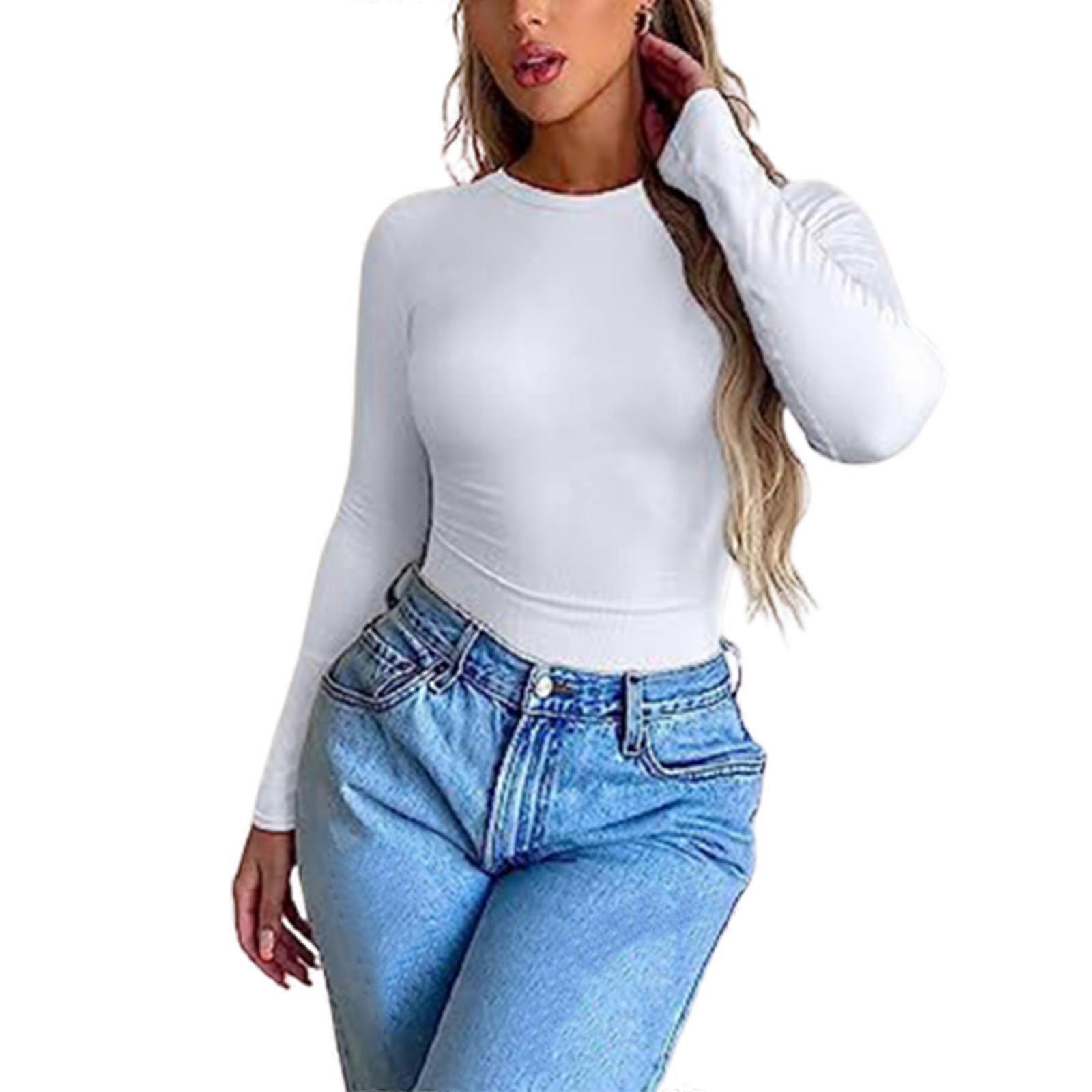 Womens Long Sleeve Crewneck Bottoming Shirts Basic Casual Tops Casual Soft Outerwear Solid Color T-shirts Blouses  White S