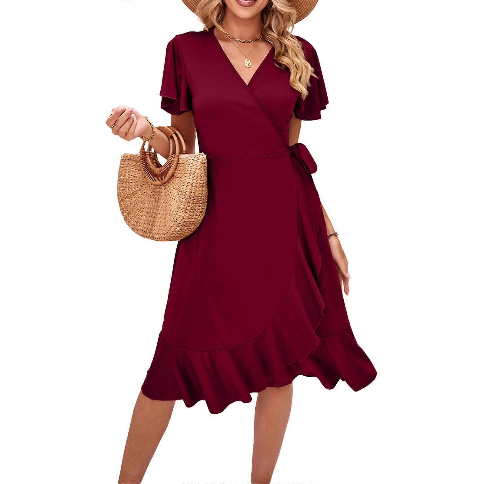 Casual Burgundy Sun Dresses PRETTYGARDEN Short Summer Dresses For Women  Casual A Line V Neck Vacat