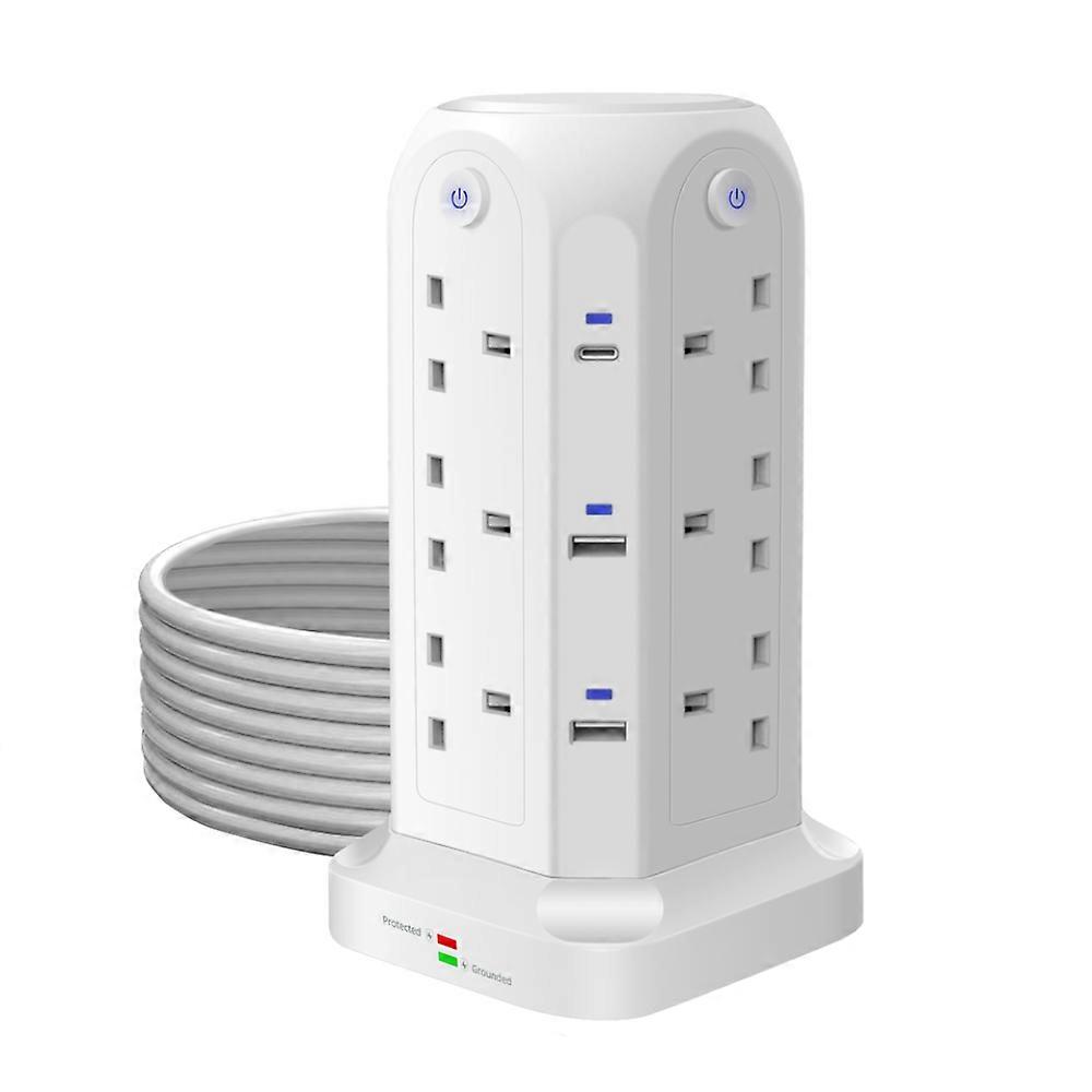 Extra Long Extension Cord, Heavy Duty 2m Flat Plug With Multi Outlets Tower Power Strip For Comprehensive Surge Protection, Ideal For Home And