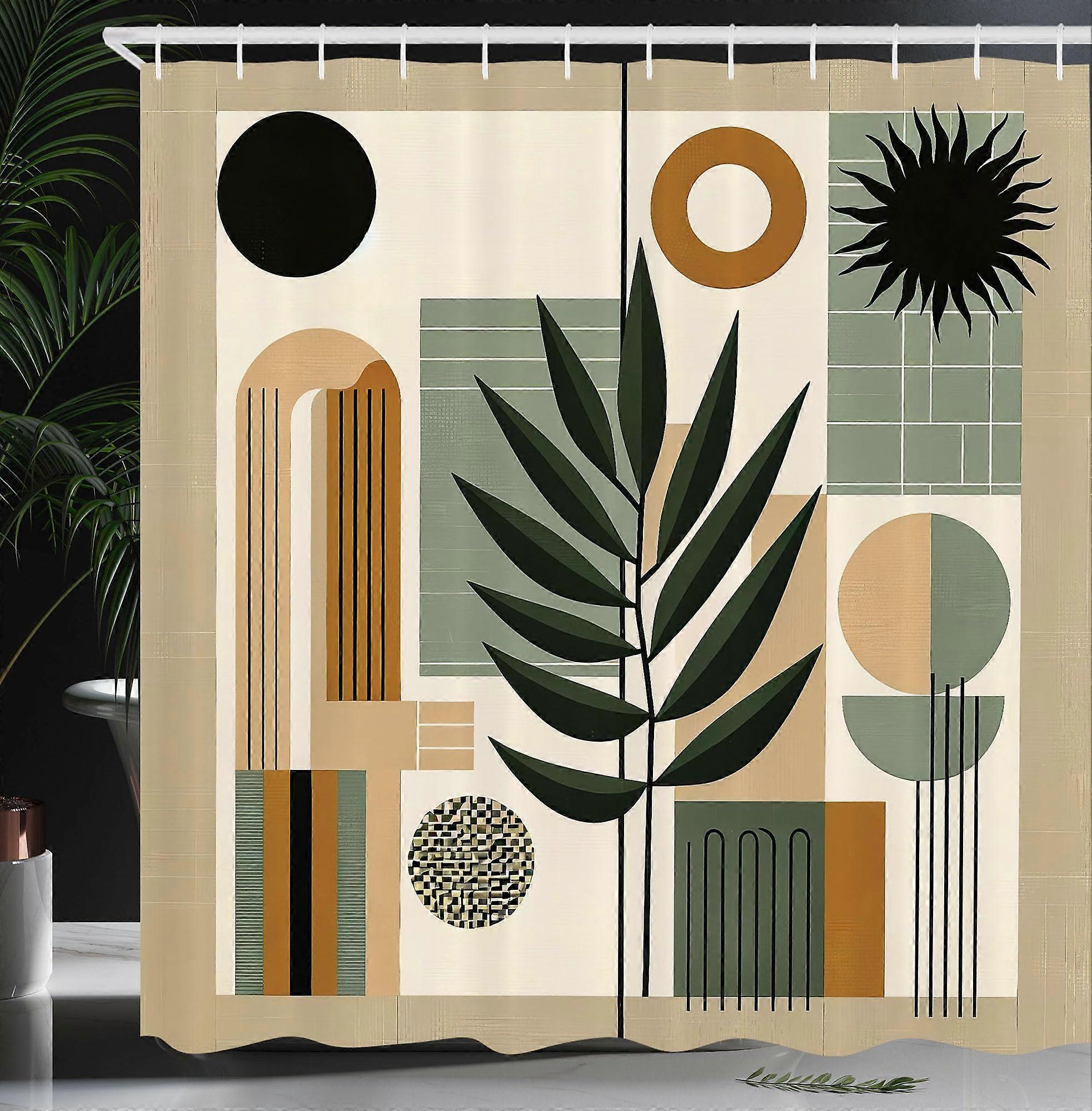 Shower Curtain Mid Century Boho Abstract Nature and Geometric Shapes Pastel and Black for Bathroom Decor Set with Hooks 69"W x 70"L