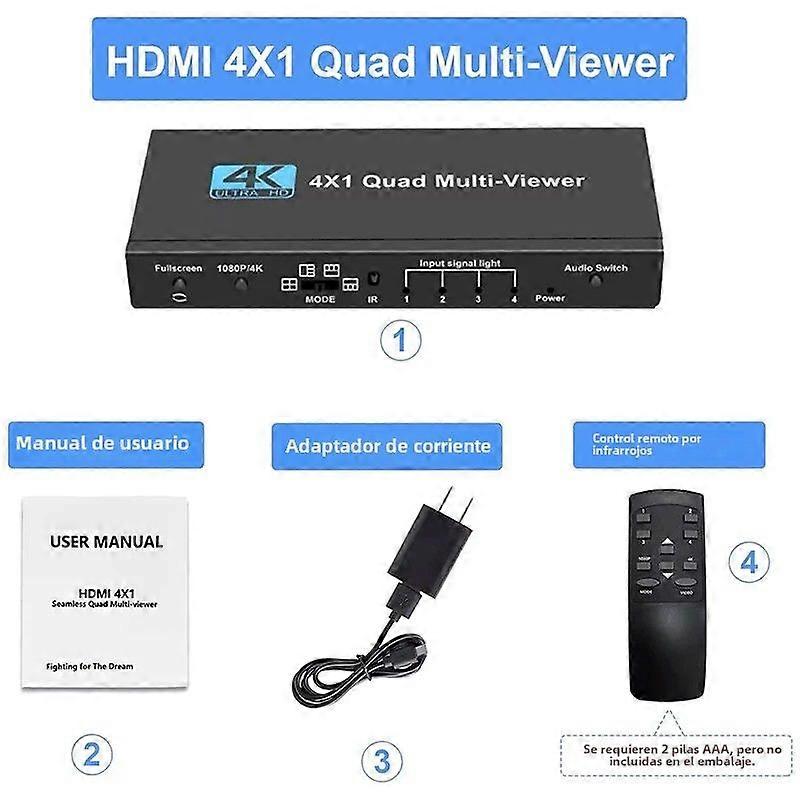 Multiviewer HDMI 4K Quad Screen 4x1 1080P 4 in 1 Out Seamless Screen Switcher with 5 Display Modes for Camera Laptop PC TV