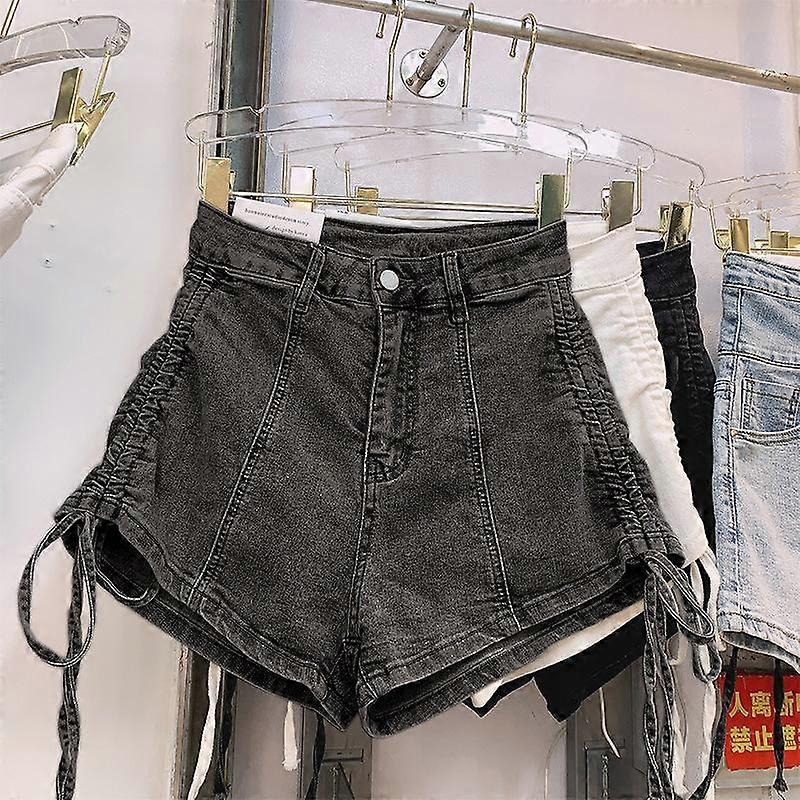 Comfortable Skinny Fashionable and Versatile Tied Summer Drawstring High-waisted Elastic Outside Straight Denim Shorts Female A-line Wide-leg Pants