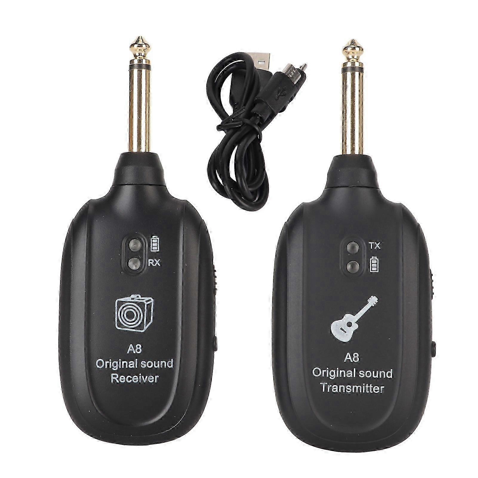 Rechargeable Wireless UHF Guitar System 730MHz with 4 Channels Transmitter and Receiver for String Instruments like Guitar, Bass, Violin, an