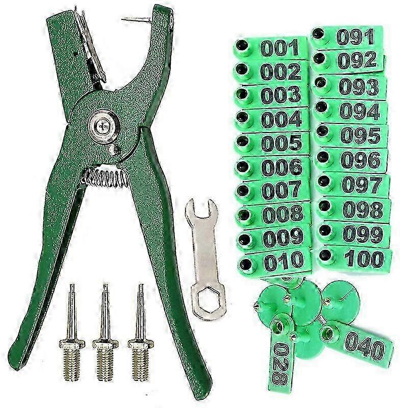 Livestock Animal Ear Tag Pliers with Number 001-100 Ear Tags and 3 Pins for Installing Cattle Sheep Pigs Ear Tags Edition 0618