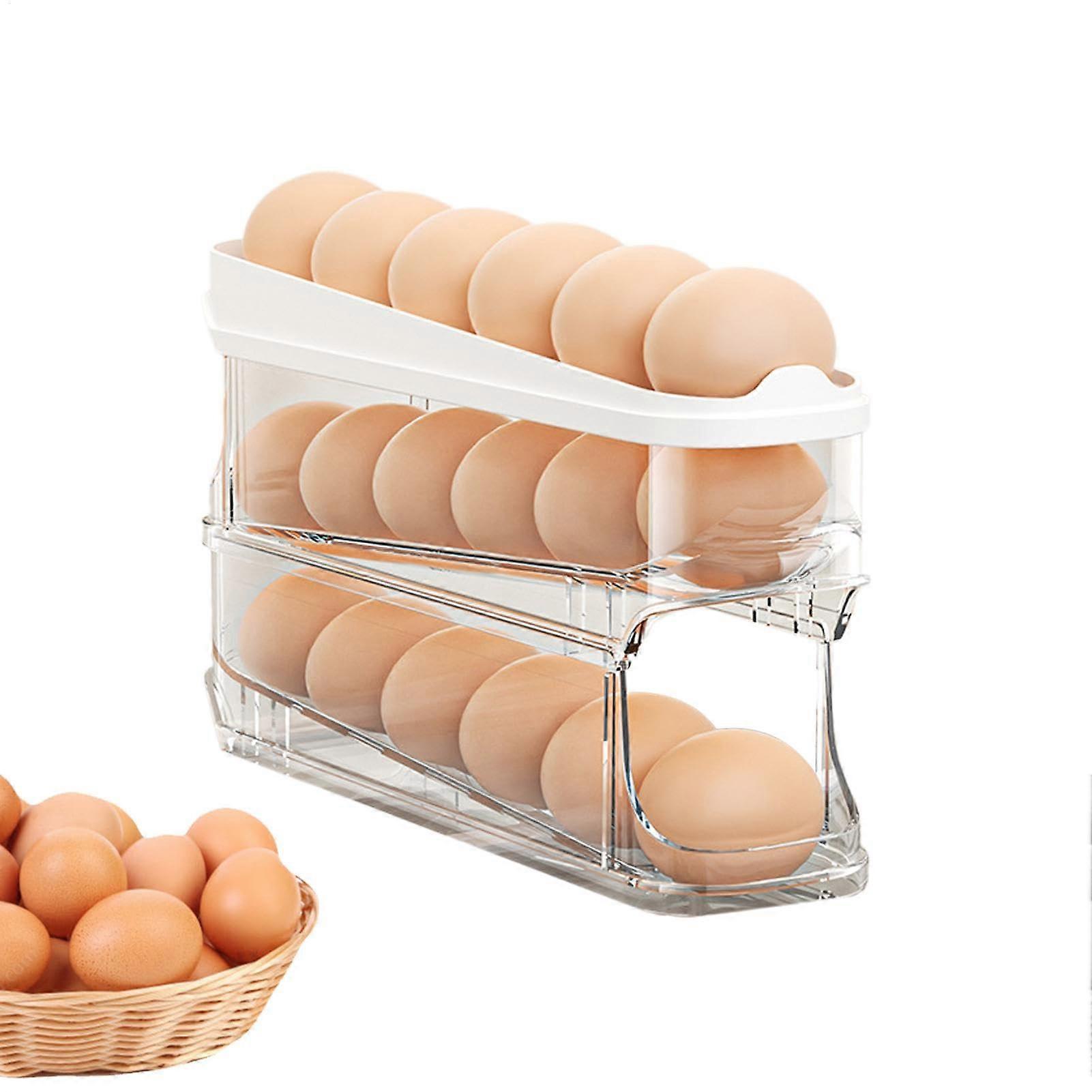 Egg Storage Fridge with 3 Levels, Egg Holder Rolling Design for Up to 30 Eggs, 3 Shelves Plastic Container