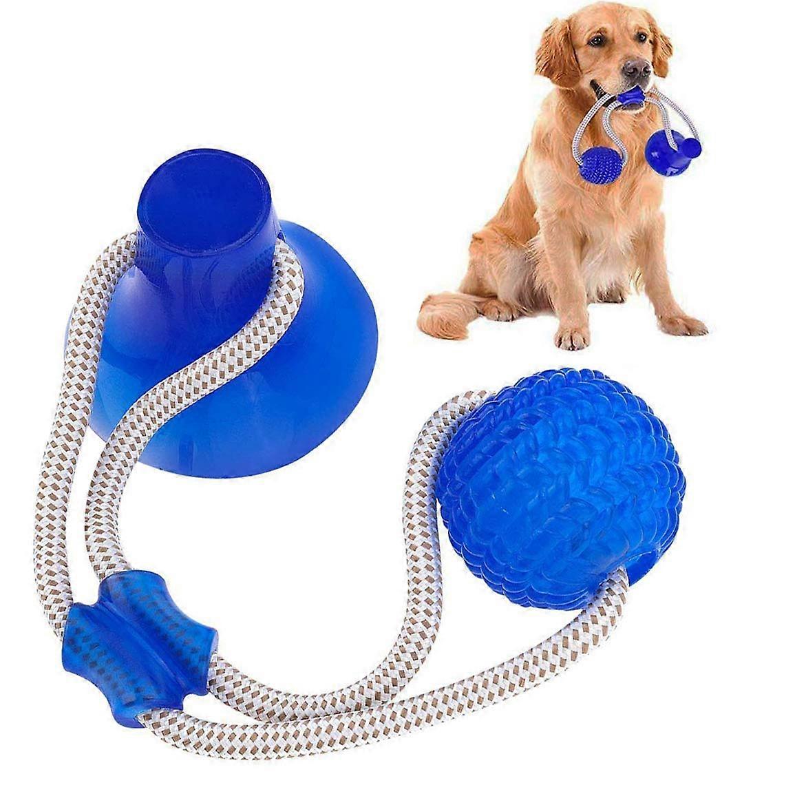 Pet Toy Self Playing Rubber Ball with Suction Cup and Chewing Rope for Dogs - Interactive Teeth Cleaning Toy in Blue