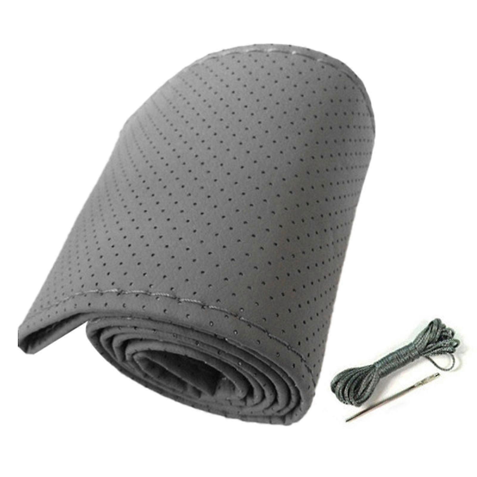 Universal Car Steering Wheel Cover Hand Sewing Perforated Microfiber Leather Cover for 38cm Diameter Gray
