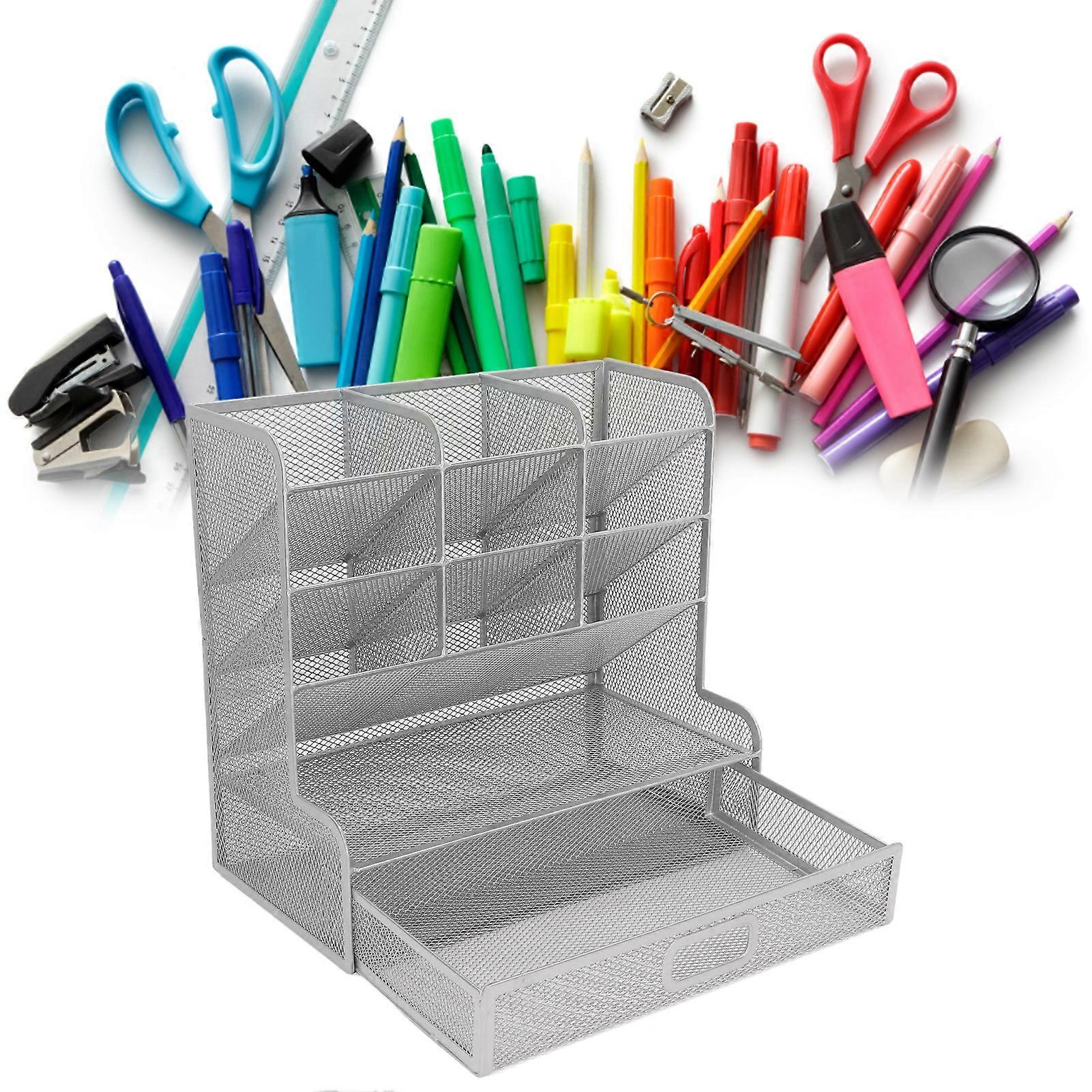 Mesh Pen Organizer 9 Compartments with 1 Pull Out Drawer Upright Storage Iron Multi Functional Pen Holder for Rulers Silver 