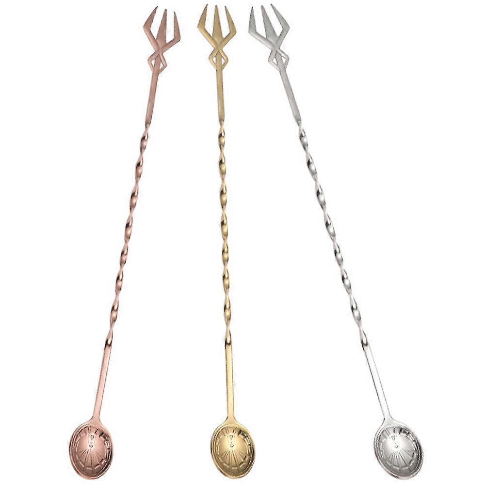 Cocktail Spoons Dual Use As Spoon And Fork Rose Gold Long Handle Spiral Pattern 32.2x2.8cm Stirring 3Pcs