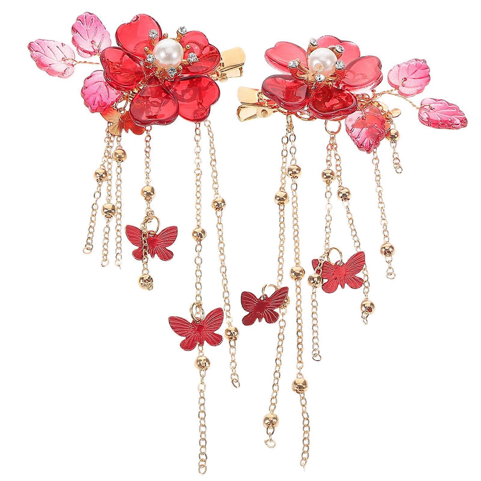 Red Antique Style Flower Tassel Hair Clips with Long Tassels for Hair Decoration and Special