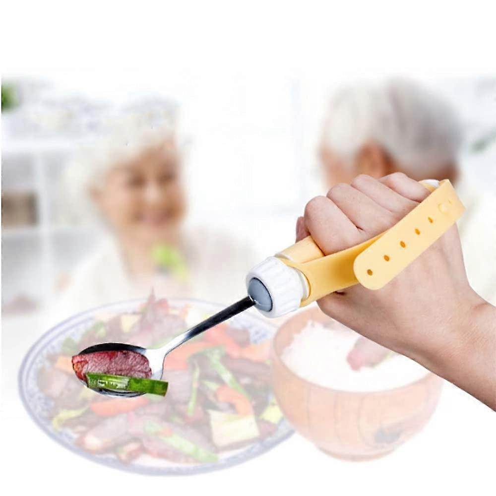 Adaptive Utensil Curved Angled Spoon Fork Cutlery Kit With Bendable Cutlery And Hand Strap Model A For Elderly