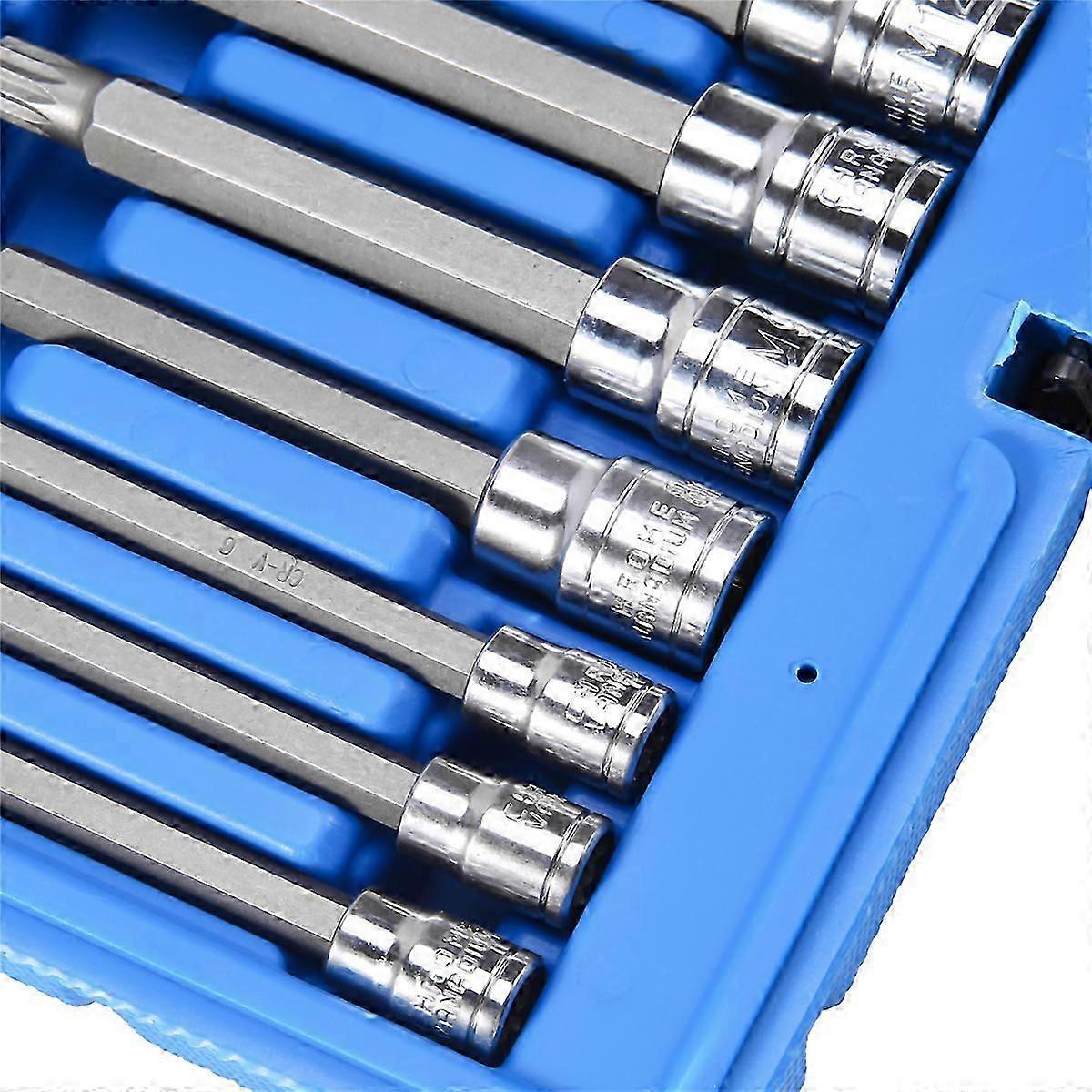 10 Piece 4 inch Spline Tip Bit Socket Set M-Type Universal Sleeve M4-M18 Triple Square Spline Bit So